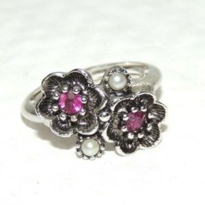 Vintage AVON Ring Sz 7.5 Pink Flower Silver-Tone